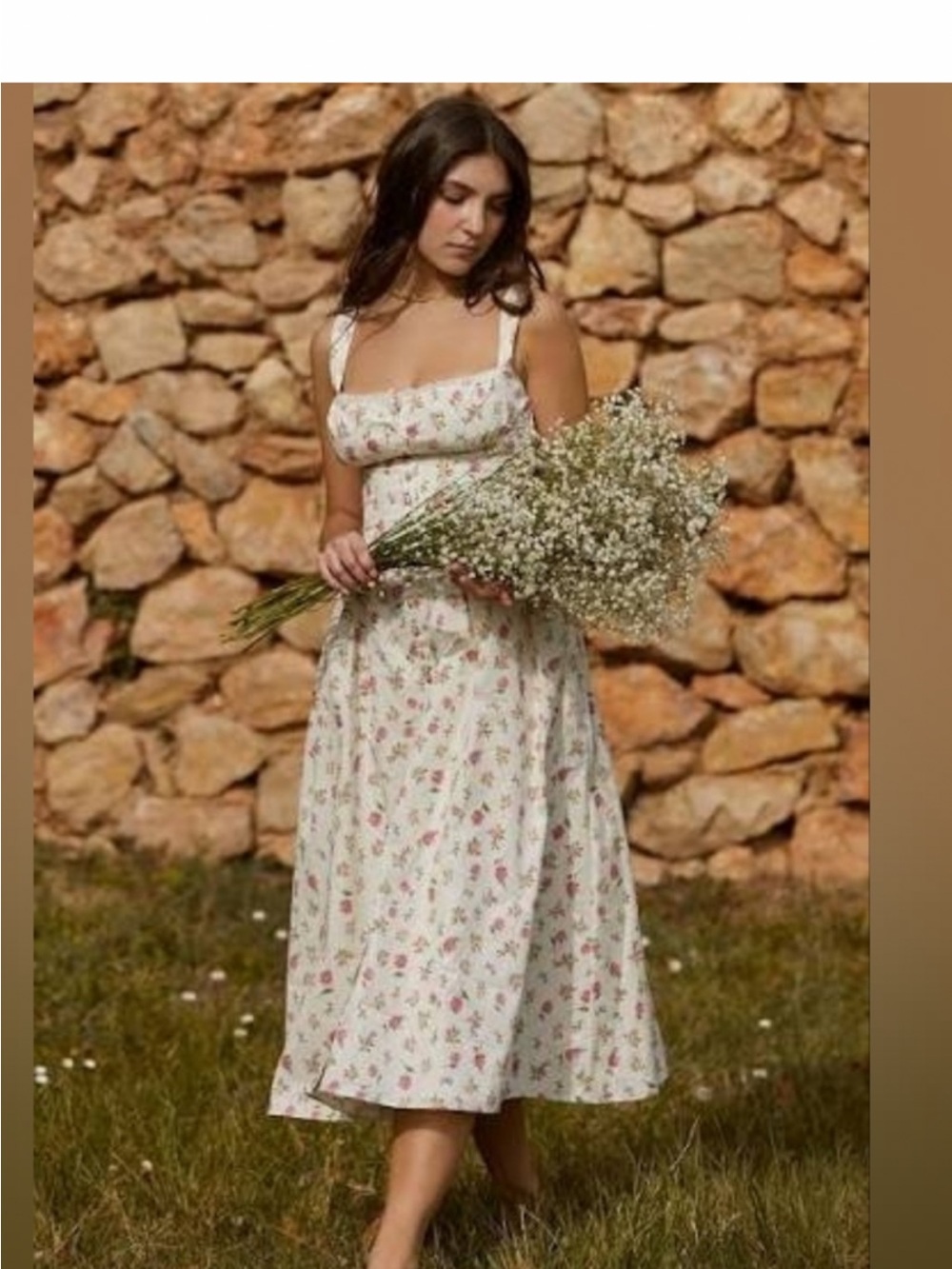 White Floral Midi Dress with Pink Rose Print